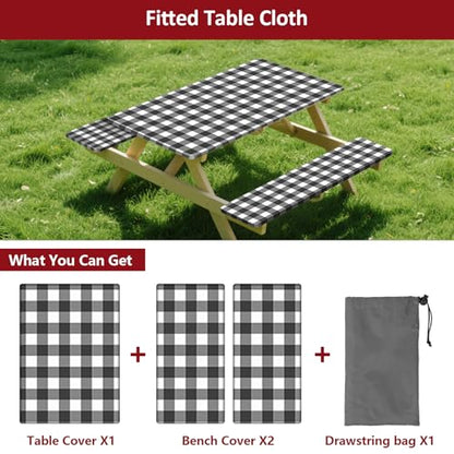 8ft Picnic Table and Bench Cover, Camping Essentials RV Gear, 96 in Waterproof Windproof Outdoor Elastic All Around Tablecloth, Fitted Rectangle Tables and Seats, Black-White Checkered - color: Black-white Checkered, size: 96"