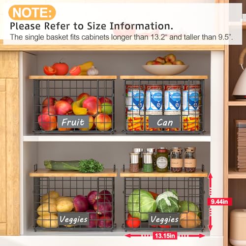 keomaisyto 2 Set XL Stackable Wire Baskets with Bamboo Top- Pantry Organizers and Storage, Kitchen Organization Counter Storage Bins for Potato/Onion/Fruit/Vegetable/Produce, Under Sink Organizing - size: XL-17.28x13.15x8.43