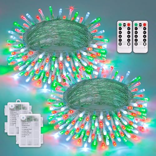 JMEXSUSS 2 Pack Red White and Green Christmas Lights Battery Operated, Each 33ft 100 LED Battery String Lights with Remote, Christmas String Lights for Tree Bedroom Porch Garland Yard Xms Decor - color: Red&White&Green, size: 2*100LED