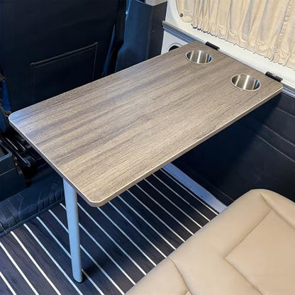 Folding RV Dinette Table with 2 Cup Holders - Space-Saving Wall-Mounted Design for Campervans, Motorhomes, Small Apartments & Kitchens - Gray with White Steel Brackets