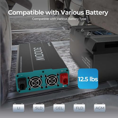 Renogy Inverter P2 3000W Pure Sine Wave Inverter 12V DC to 120V AC Converter for Home, RV, Truck, Camping, Trailer, with Wired Remote Controller, Support Li, AGM, SLD, GEL, FLD Batteries - size: 3000W(No BT & ATS)