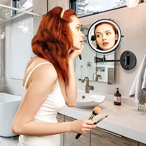 Rocollos Rechargeable Wall Mounted Lighted Makeup Mirror, 8 Inch Double-Sided LED Vanity Mirror 1X/10X Magnification,3 Color Lights Touch Screen Dimmable 360°Swivel 13 Inch Extendable - color: 8 Inch Black