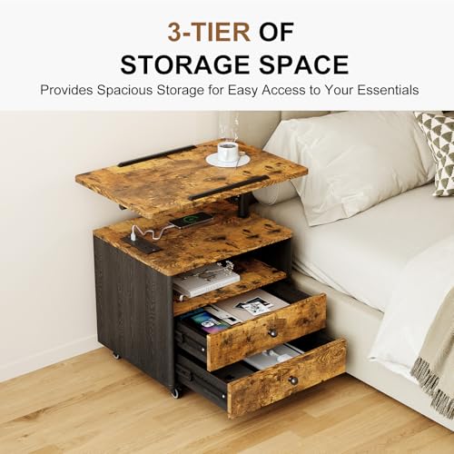 Bedroom Nightstand with Drawers & Charging Station, Adjustable Height Bedside Table with Wheels, Wooden Small Sofa Side Tables with Storage for Living Room, Rustic Brown - color: [A3] Rustic Brown