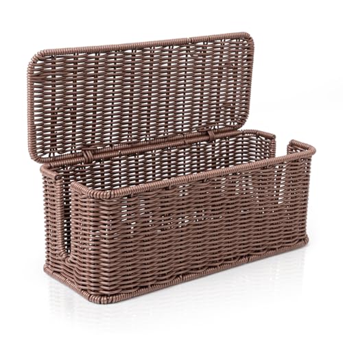 Cable Management Box, Handmade Rattan Cable Organizer with 2 Open Slots, Cord Hider for Power Strip, Router & USB Hub, Registered U.S. Design Patent (D1,112,102), 13" x 5.1" x 5.1", Brown - color: Brown