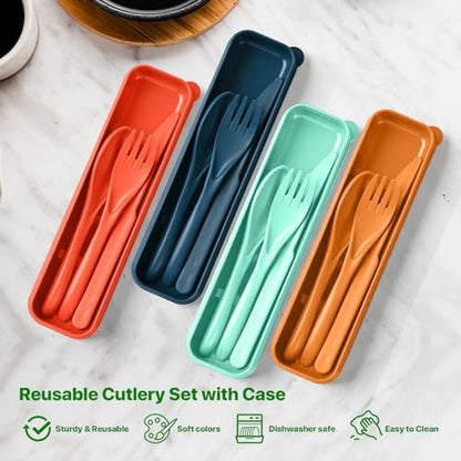 Travel Utensils Set with Case, 4 Sets Camping Utensils Wheat Straw Reusable Utensils Set With Case, Knife Fork and Spoon Utensils for Lunch Box - color: Blue, Light blue, Beige, Gray