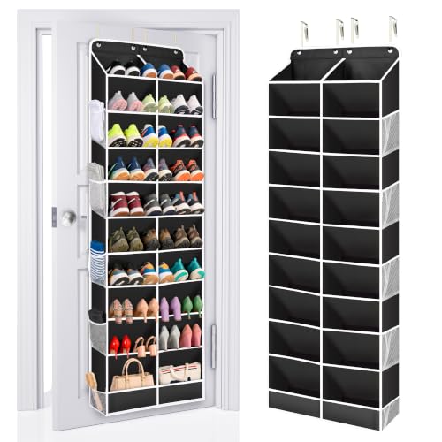 ULG Over The Door Shoe Organizer for Closet Fit 24-32 Pairs with Large Deep Pockets, Narrow Shoe Rack for Door Hanging Boots Storage, Black - color: Black, size: 10-Tier