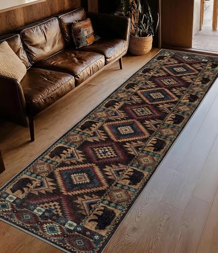 Hallway Runner Rug 2x8 Indoor Door Mat - Western Rug Bear Rustic Cabin Non-Slip Entryway Rug, Low Pile Tribal Print for Kitchen, Bedroom - color: Bear, size: 2'x8' (Runner)