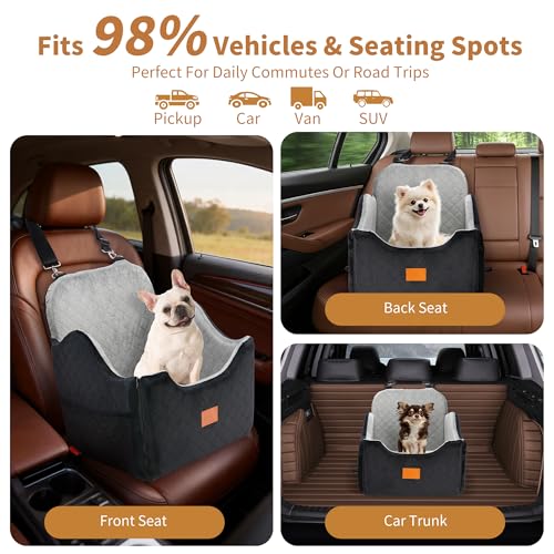 XEEP Dog Car Seat Bed for Small/Medium Dogs – Dog Booster Car Seat Up to 35 lbs -Use Travel Booster Seat with Memory Foam, Safety Belt, Bonus Urine Pad & Blanket, Removable Washable (Black/Grey)