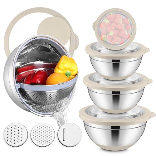 E-far Mixing Bowls with Lids Set, 15PCS Stainless Steel Mixing Nesting Bowl with Colander & 3 Metal Grater for Kitchen Prep/Baking/Storage, Non-Slip Bottom & Airtight Lid, 4.6, 3, 1.5, 1, 0.7QT, Khaki - color: Khaki