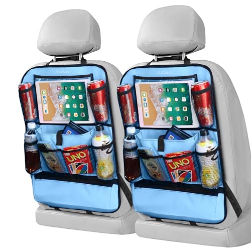 LUCMO Car Backseat Organizer with Touch Screen Tablet Holder, Light Blue | 2 Pcs,9 Storage Pockets,Clear Tablet Holder,Protectors Kick Mats,Travel Accessories,Seat Cover,Road Trip Essentials - color: Light Blue-1, size: 2 Pack