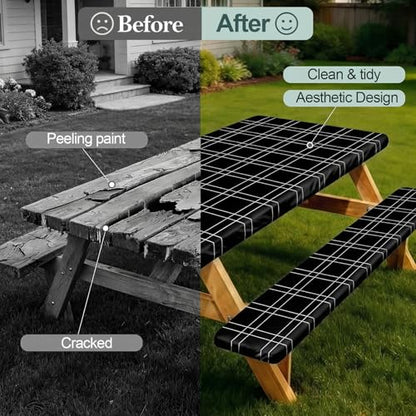 Picnic Table Cover with Bench Covers Camping Essentials Waterproof Windproof Camping Tablecloth with Drawstring Bag, Fitted Rectangle Tables and Seats, 72in, Black Checkered - color: Black Checkered, size: 72in
