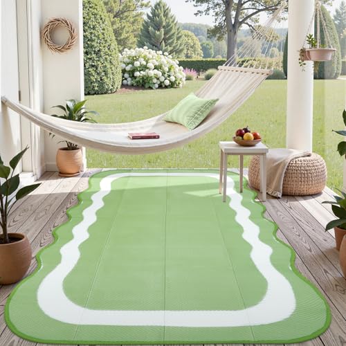 Uphome Outdoor Rug Waterproof 6x9, Reversible Green Scalloped Patio Plastic Straw Rugs, Foldable Modern RV Camping Outside Carpet Mat for Pool Back Yard Deck Picnic, 6 x 9 ft - color: Green, size: 6' x 9' (Rectangular)