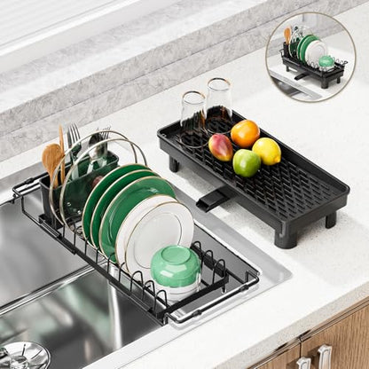 SanDream Dish Drying Rack, Small Over Sink Dish Drying Rack, Expandable Over the Sink Dish Drying Rack with Drip Tray for Kitchen Counter & in Sink - color: Deepblack