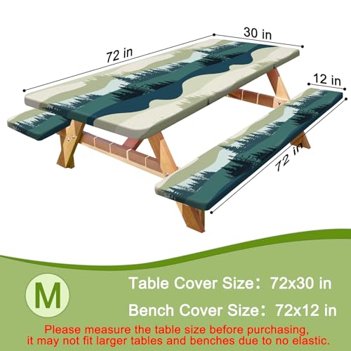 Picnic Table Cover with Bench Covers Portable Table Cloth Built-in Storage Pocket Fitted Tablecloth with Elastic Edges Waterproof Camping Essentials for Indoor Outdoor Rv,72in,Green Blue