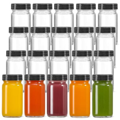 20 PACK 2 oz Glass Shot Bottles w/ Black Lids & 20 Labels - Small Clear Jar for Ginger, Wellness Shot, Juice, Sample, Whiskey - Travel Essentials Mini Bottles - Wide Mouth, Leakproof, Dishwasher Safe - color: Black Lid, size: 20 Pack