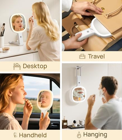Gospire 6.8" Travel Vanity Mirror, 3-in-1 Hanging/Handheld/Desktop Use with Dual-Side Buttons, 1X/10X Magnification, 3-Color Dimmable LED, Auto Memory + Velvet Pouch (White) - color: White