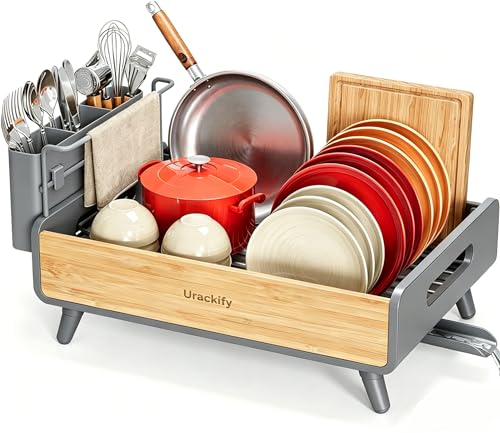 Urackify Dish Drying Rack for Kitchen Counter - Stainless Steel & Bamboo Dish Rack with Large Removable Utensil Holder, Dish Drainer with Adjustable Automatic Spout, Grey - color: Gray, size: 1 Tier