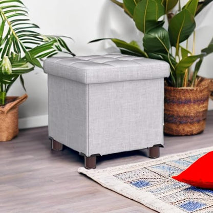 15 Inch Storage Ottoman with Wooden Legs - Cube Foot Rest Stool, Square Footstool, Comfortable Seat with Lid, Foldable Fabric Ottoman, Space-Saving White - color: Squ Light Grey