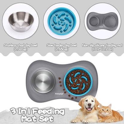 MateeyLife Dog Food and Water Bowl Set 3 in 1, Slow Feeder Dog Bowls & Stainless Steel Water Bowl with Non-Spill Silicone Mat, Cat and Puppy Bowls Pet Dishes for Small Medium Large Breed Anti-Choking - color: Gray, size: Medium