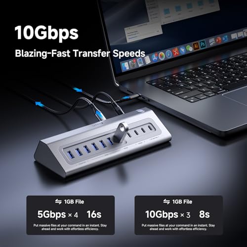 Giftos Powered USB Hub, 18 in 1 USB 3.2 Hub with 4K HDMI,PD 100W,45W Charge,10Gbps USB,SD/TF,Audio, 65W Adapter,3.3FT Cable,Aluminum,Smart Button, USB Hub for PC,Mac,Mac mini, iMac,iPhone 17/16,iPad - size: 18 IN 1