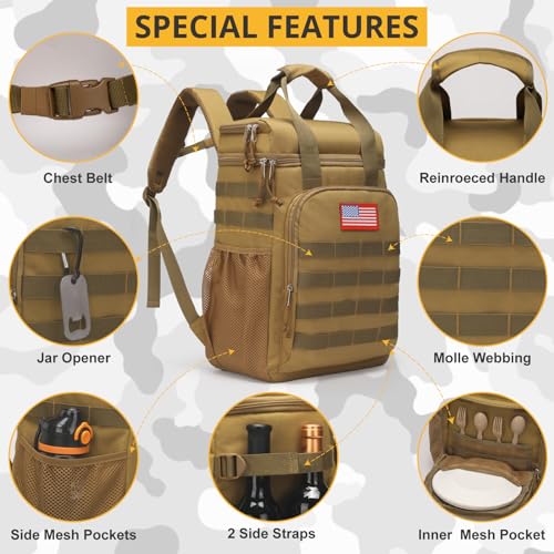 Tactical Backpack Cooler,Lunch Backpack for Men Adults Work with Handle，Soft Cooler Backpack Insulated Waterproof Leak Proof - color: Brown