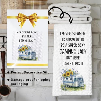 Camping Kitchen Towels 16x24 Waffle Weave, I Never Dreamed I’d Grow Up to Be a Super Sexy Camping Lady Dish Towels, Camp RV Gifts for Women, Gifts for Campers -A03 - color: Camping_03