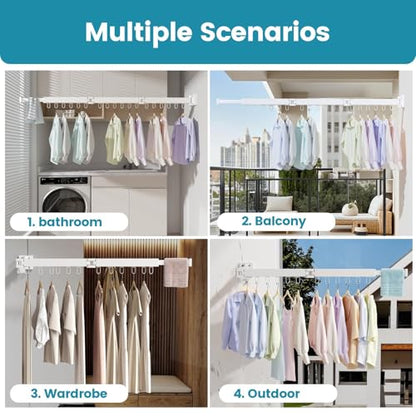 Abiglifty Clothes Drying Rack Wall Mounted, Laundry Drying Rack Collapsible, Foldable & Retractablewith 18 Hooks for Indoor/Outdoor Use inLaundry Room, Bathroom & Balcony (White) - color: White
