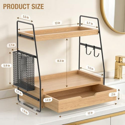 2-Tier Bathroom Counter Organizer with Drawer and Removable Basket, Wood Vanity Countertop Storage for Perfume, Makeup, Skincare, Bathroom Counter Shelf, 13" x 7.9" x 14.5", Light Brown - color: Light Brown