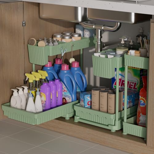Sevenblue 3 Pack Multi-Purpose Pull-Out Storage Organizers, 2-Tier L-Shaped Under Sink/Cabinet Organizers and Storage for Bathroom & Kitchen,Green,14.85 Inch - color: Green, size: 14.85 Inch