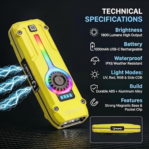 HAUSBELL Flat EDC Flashlight,1800 Lumen UV Magnetic Rechargeable Pocket | Stepless Dimming Dial,Stainless Steel Body,RGB+UV,USB-C Fast Charge,Magnetic Base,Waterproof, for Work,Camping & Emergency - color: Yellow