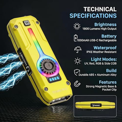 HAUSBELL Flat EDC Flashlight,1800 Lumen UV Magnetic Rechargeable Pocket | Stepless Dimming Dial,Stainless Steel Body,RGB+UV,USB-C Fast Charge,Magnetic Base,Waterproof, for Work,Camping & Emergency - color: Yellow