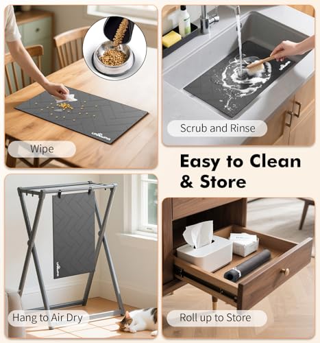 Pet Food Mat Absorbent Cat Food Mat Dog Mat for Food and Water Quick Dry No Stains Dog Feeding Mat Placemat for Messy Drinkers Cat Food Mats for Indoor Cats Bowl Mats Pet Supplies 12"X20" Grey
