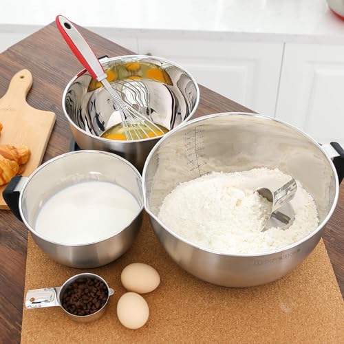 Rorence Stainless Steel Mixing Bowls Set: Metal Mixing Bowl with Lids and Handles Non-slip Silicone Bottom Nesting Bowls for Kitchen Set of 3 - color: Black Set