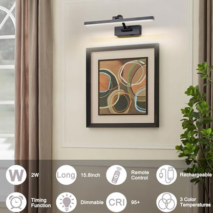 LED Wireless Picture Light with Remote Control,USB Rechargeable Battery Powered Art Lamps,Dimmable,270° Rotate,Timing,15.5 Inch Black Wall Lights for Paintings,Picture Frame,Gallery - color: Battery Operated Black, size: 15.7 Inch