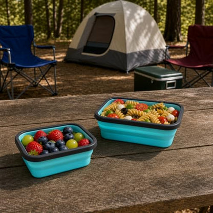 Guyuyii 4 Pack Space-Saving Collapsible Food Storage Containers with Lids | 12/17/27/40 oz Food-Grade Silicone Set for RV, Camping, Meal Prep, Small Kitchens - Microwave/Freezer/Dishwasher Safe - color: blue