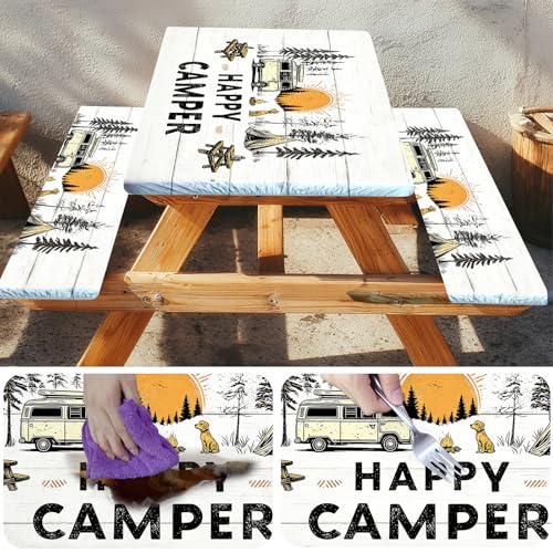 Picnic Table Cover with Bench Covers Elastic Edges, Outdoor Patio Camping Essentials 72 Inch 3PCS, Waterproof Camping Fitted Tablecloth with Handbags (Happy Camper) - color: Happy Camper, size: 72" x 30" (Rectangular)