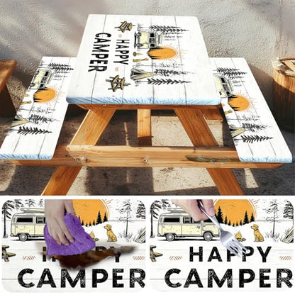 Picnic Table Cover with Bench Covers Elastic Edges, Outdoor Patio Camping Essentials 72 Inch 3PCS, Waterproof Camping Fitted Tablecloth with Handbags (Happy Camper) - color: Happy Camper, size: 72" x 30" (Rectangular)