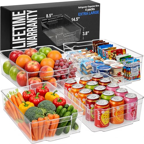 Zulay 4 Pack Clear Refrigerator Organizer Bins - XL Fridge Organizers and Storage Clear - Ideal Freezer Organizer Bins, Refrigerator Storage Containers, Kitchen Cabinets, Pantry Organization - size: L 14.75" x W 8.5"