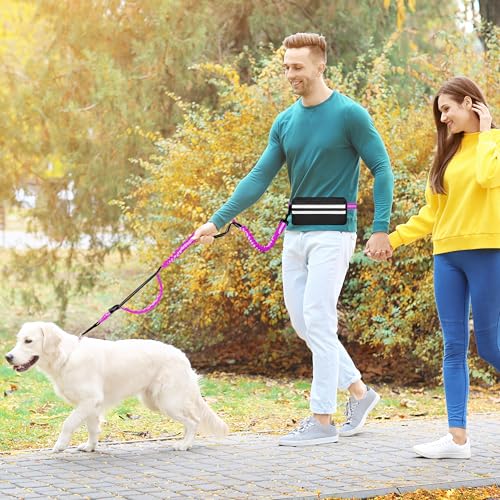 Hands Free Dog Leash with Zipper Pouch, Running Waist Leash for Dog Walking, Adjustable Waist Belt for Large Dogs, Reflective Bungee Design with Two Handle for Hiking, Training, Rose Red - color: Rose Red
