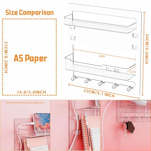 Yieach Bedside Shelf for Dorm Bed,Rv,Small Room and Nightstand,Wall Mounted Floating Shelves and Bedside Wall Organizer for Remote,Phone Holder,Charging Shelf,Cute Bedroom Decor for College Girl,Clear