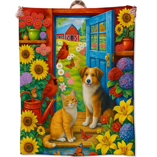 Rustic Dog and Cat Blanket,Cardinal and Sunflower Floral Blankts,Gifts for Flower and Animal Lovers,Dorm Cabin Pet Area Picnic Farmhouse Decor,Soft Cozy Lightweight Flannel Throw,50"x60" - color: Dog and Cat, size: 50x60 inch