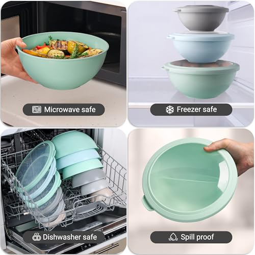 Zulay Kitchen 12 Piece Plastic Nesting Mixing Bowl Set - Colorful Bowls with Lids - Microwave and Freezer Safe (Mint Ombre) - color: Mint