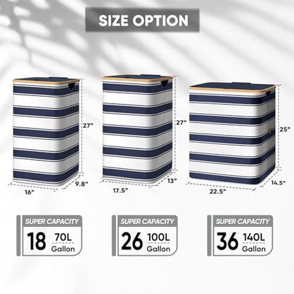 BALEINE Laundry Hamper with Lid, Tall Laundry Baskets with Bamboo Pull Handles, Large Laundry Bin with Internal Support (18 Gal/70L, Blue Stripe) - color: Blue Stripe, size: 70 liters