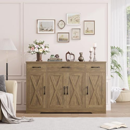 HOSTACK Buffet Sideboard Cabinet with Drawers, 55" Large Buffet Storage Cabinet with Shelves and Doors, Modern Farmhouse Coffee Bar Station Wood Kitchen Table for Kitchen, Dining Room, Rustic Brown - color: Rustic Brown