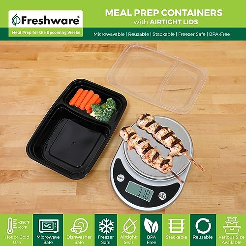 Freshware Meal Prep Containers [15 Pack] 2 Compartment with Lids, Food Storage Containers, Bento Box, BPA Free, Stackable, Microwave/Dishwasher/Freezer Safe (28 oz), Black - size: 2-COMP-28OZ-15PK