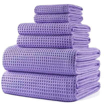 POLYTE 430 GSM Microfiber Quick Dry Lint Free Oversize Bath Towel Set, 6 Piece (Waffle Weave) - color: Purple