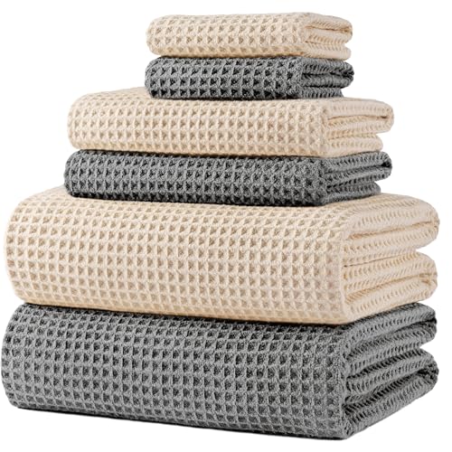 POLYTE 430 GSM Microfiber Quick Dry Lint Free Oversize Bath Towel Set, 6 Piece (Waffle Weave) - color: Gray,light Beige