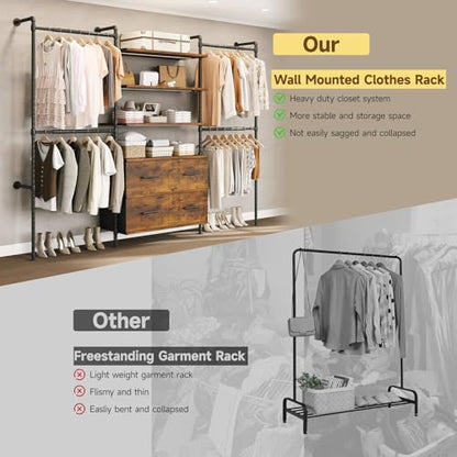 T3 Closet System with Stepless Dimmable LED Light, Industrial Pipe Clothing Rack with 4 Drawers, 6 Wooden Shelves & 4 Telescopic Rods, Heavy Duty Closet Organizers in Wardrobe Closet (Rustic Brown) - color: Rustic Brown