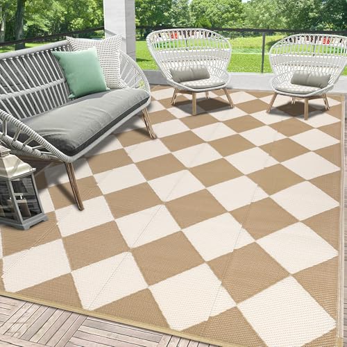 HEBE Checkered Outdoor Rug Waterproof 5x8, Reversible Plastic Straw Rug RV Camping Rug, Indoor Outdoor Patio Mat Clearance, Outside Carpet for Porch,Deck,Camper,Balcony,Backyard,Picnic - color: Beige/Brown, size: 5' x 8' (Rectangular)