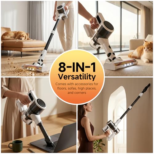BSNAW Lightweight Cordless Stick Vacuum Cleaner with Battery - 45 Min Runtime, 8-in-1 Handheld for Pet Hair, Hard Floors & Carpets, Powerful Suction, White